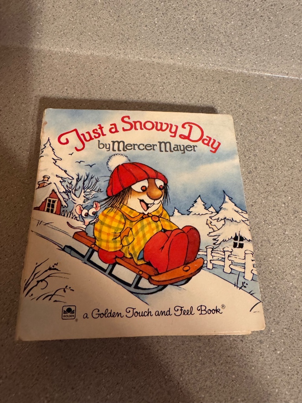 Just a Snowy Day by Mercer Mayer. Bright red hat and boots with a yellow plaid j
